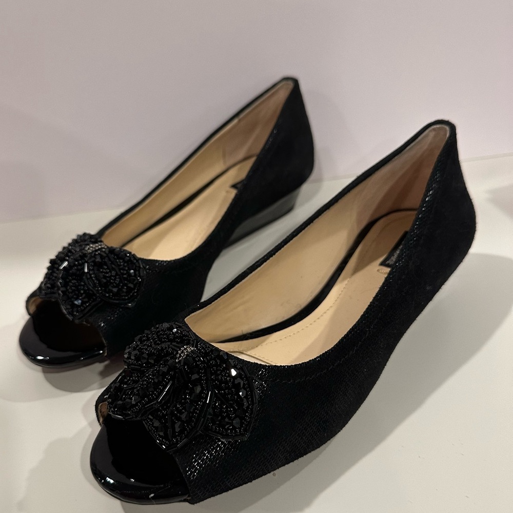 Alex Marie Women’s Black Low Wedge Beaded Embellishments, Size 8